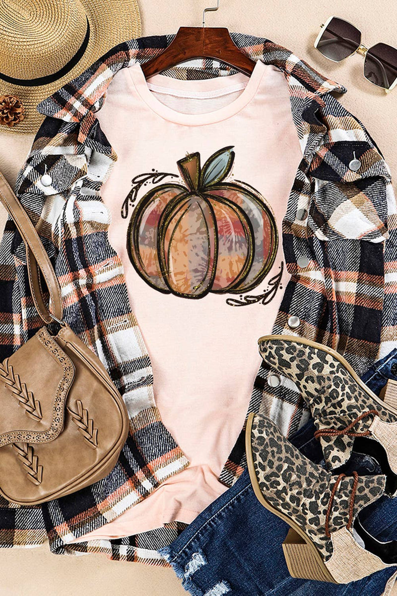 Pink Pumpkin Graphic Print Crew Neck T Shirt