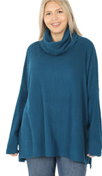 Teal Thermal Hi Low Waffle-Knit Cowl Neck Top-In Regular & Plus Size