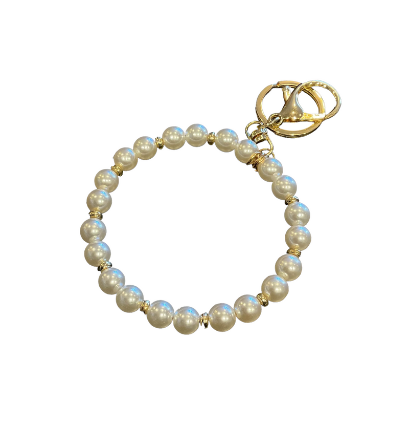 Pearl & Gold Beaded Wristlet Keychain With Clasp