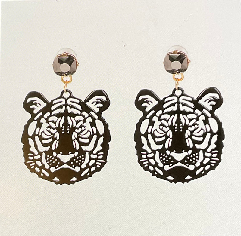 Black Laser Cut Tiger Earrings With Sparkle