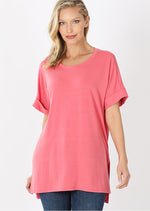 Boatneck Cuffed Short Sleeve Tops in Assorted Colors