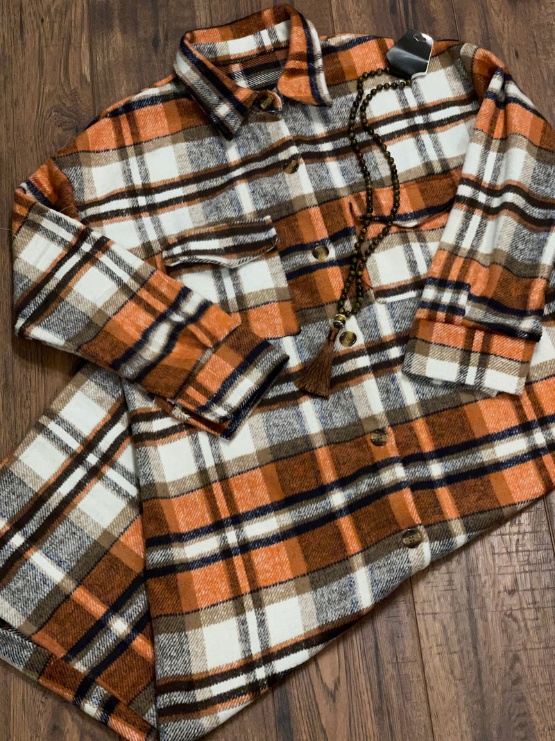Long Plaid flannel Shackets in Navy, Black, Salmon, Red, Or Orange