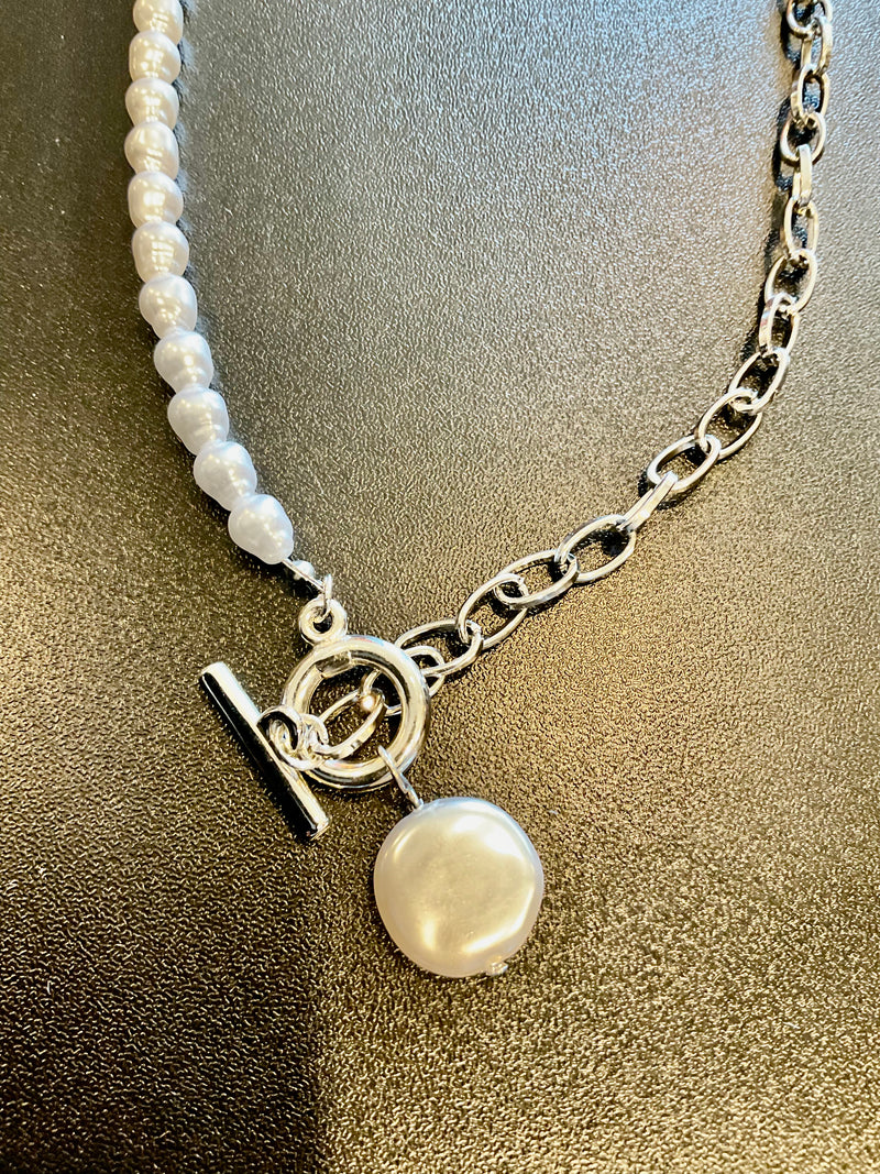 Freshwater Pearl Bead & Chain Link Necklace