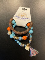 Set of 3 or 4 Colorful Beaded Bracelets with Tassel & Charm