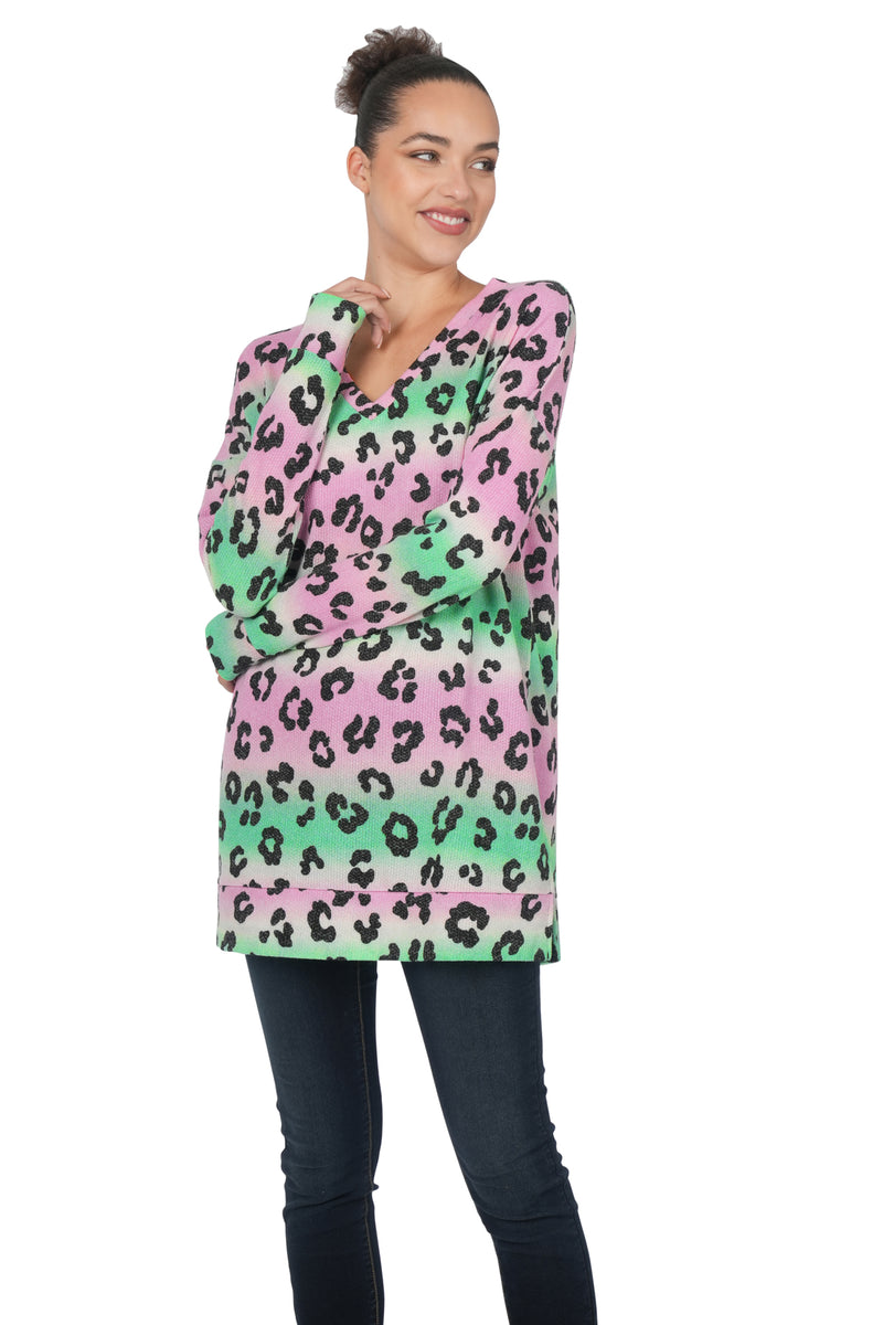 Jacquard Leopard Print Long Sleeve V-Neck Top