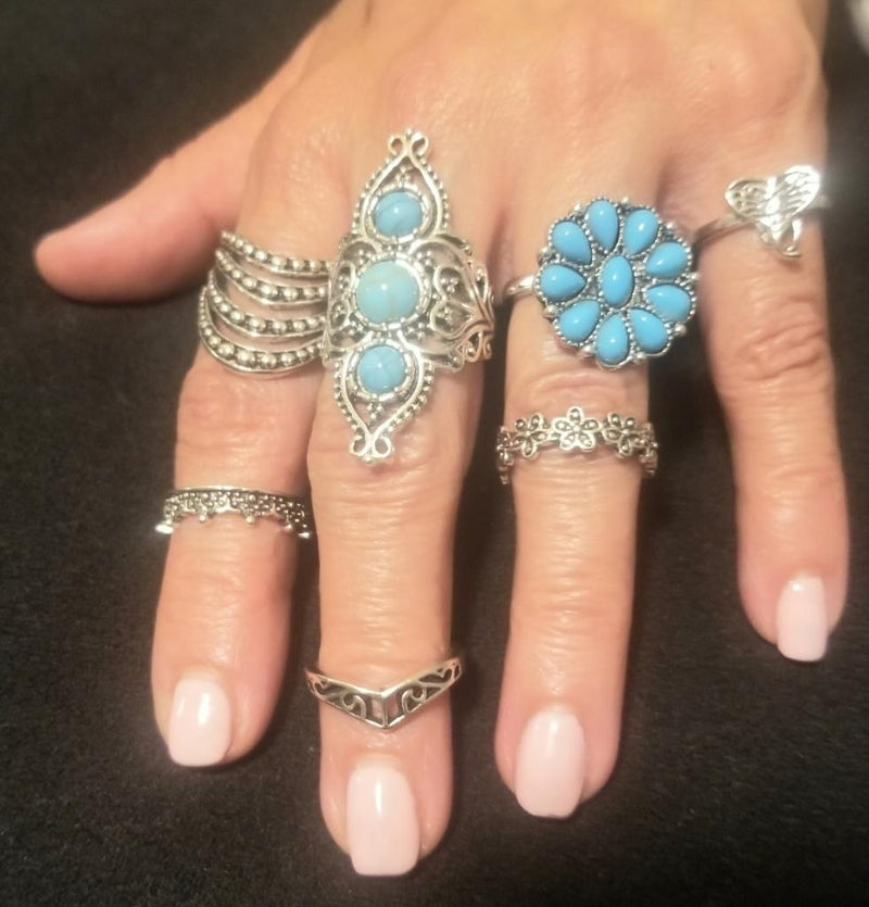 7PC Boho Silver & Turquoise Ring Set