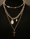 Gold Triple Layered, cross, Pearl & Saint Pendant Necklace