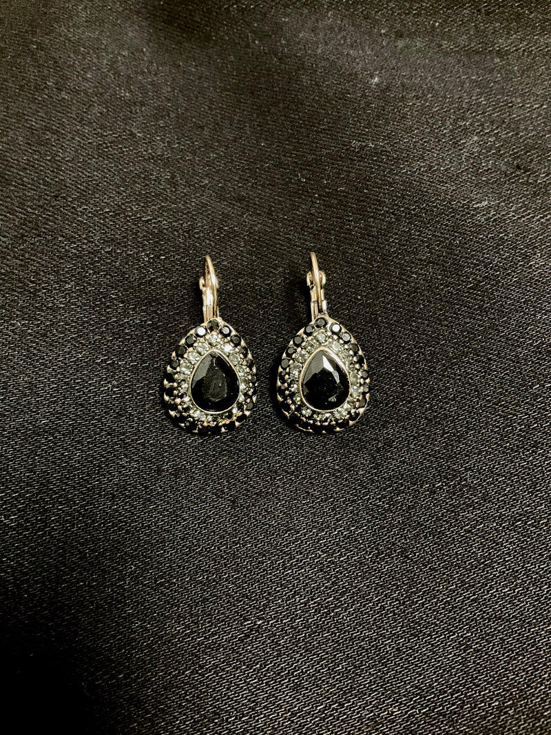 Rhinestone & Black Bead Teardrop Earrings