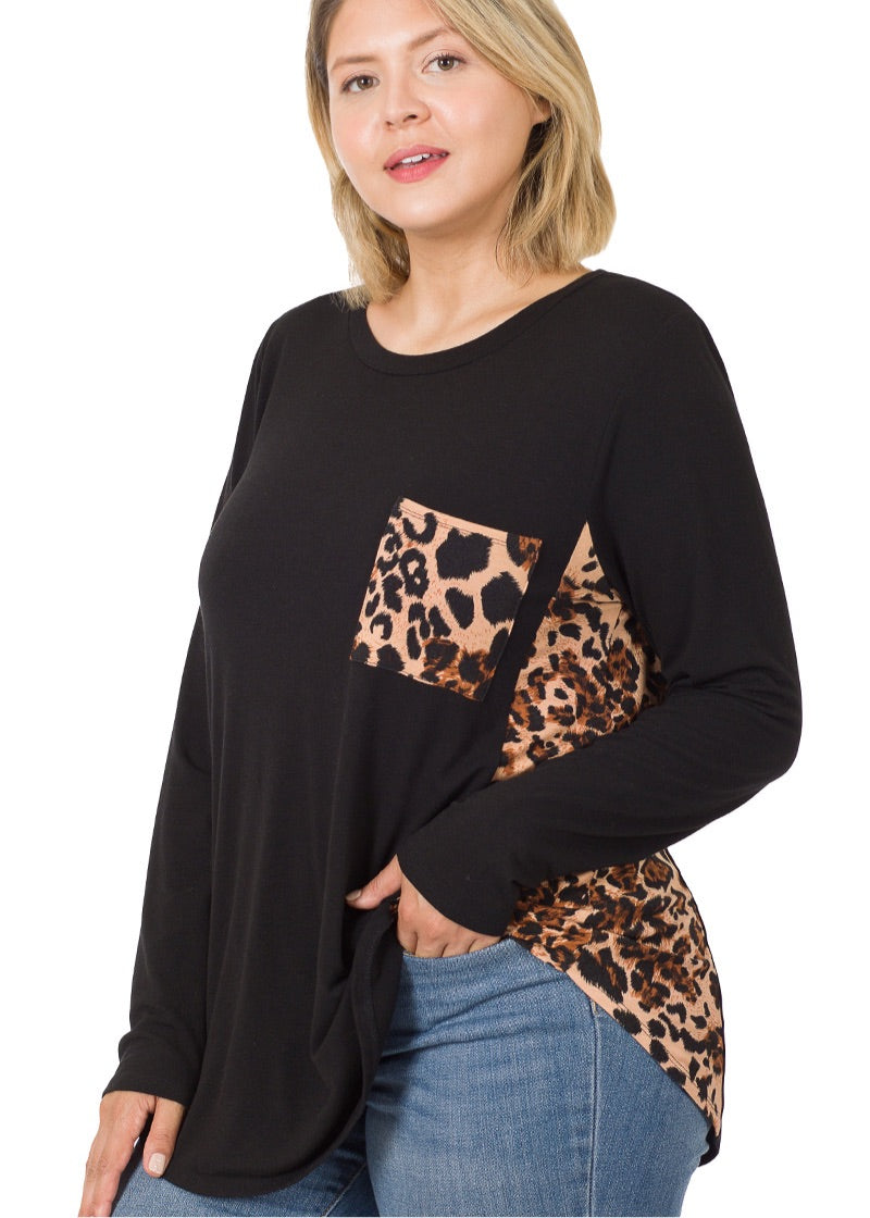 Plus Size leopard Pocket & Side Panel Top