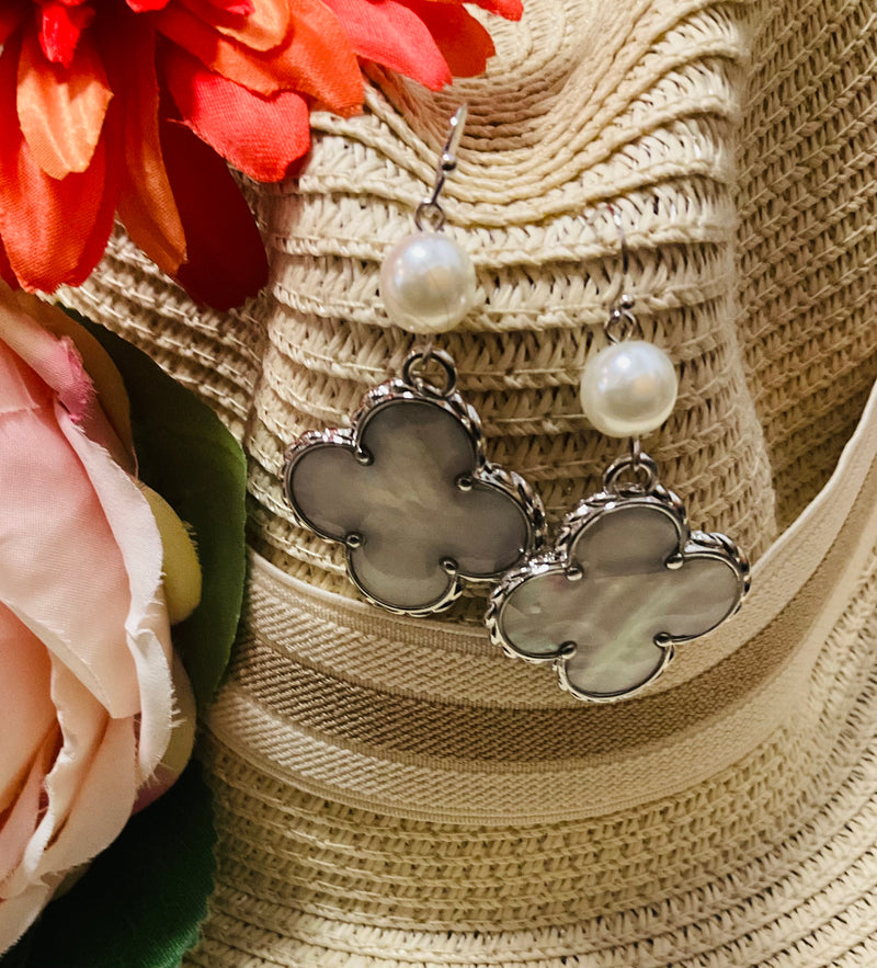 Mother Of Pearl Clover & Pearl Bead Earrings