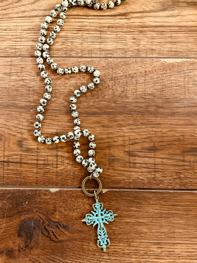 Semi Precious Stone Necklaces with Patina Cross Pendant