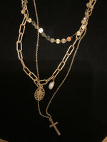 Gold Triple Layered, cross, Pearl & Saint Pendant Necklace