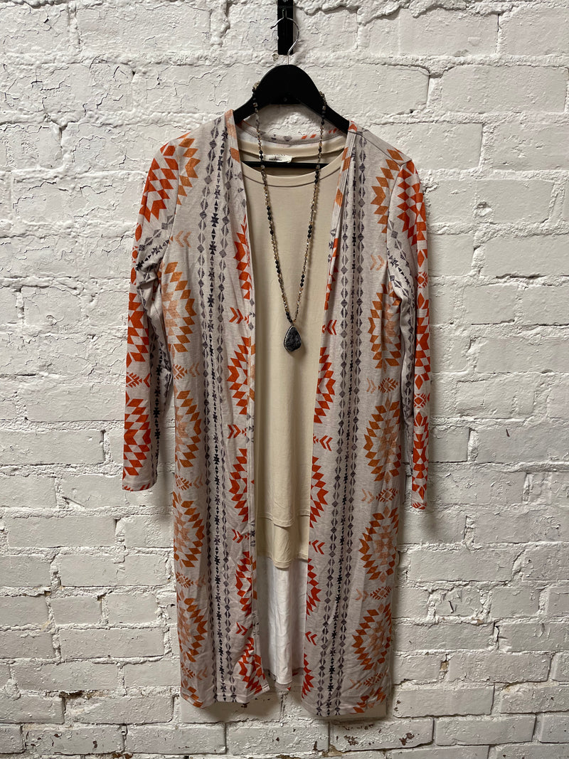 Tan Heather Open Front Duster With Santa Fe Print