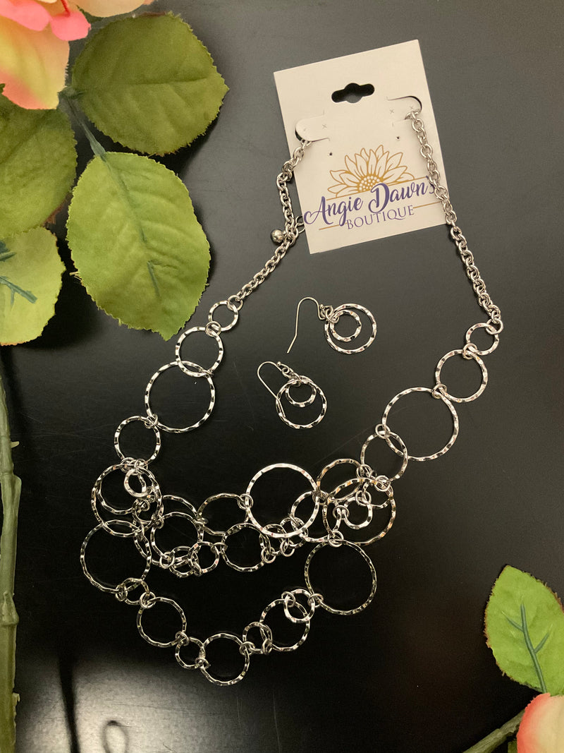 Layered Silver Circle Necklace Set With Earrings